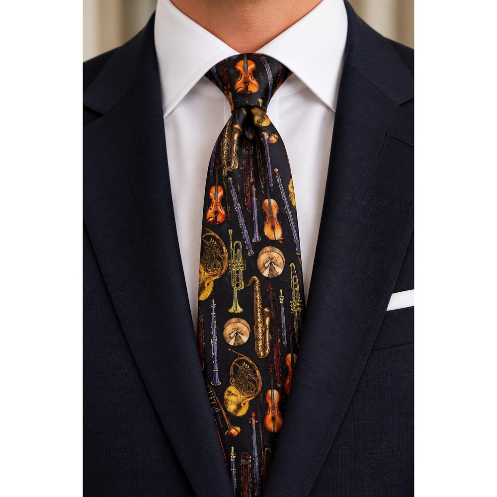 Museum Artifacts Mens Silk Tie Retro Series Orchestra Musical Instruments Black